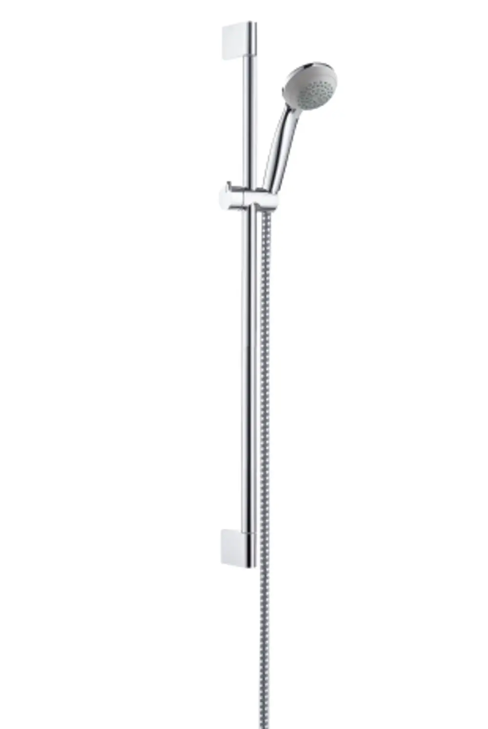Hansgrohe Duschsystem mit senkrechter Stange, Handbrause und flexibler Schlauchleitung, in Chromoptik, montiert an einer Wand.